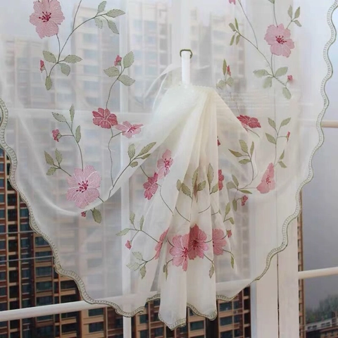 Daisy Embroidery Lace Roman Blind White Sheer Window Curtain Scalloped Edge Tie Up Lifting Voile Drapery Panel