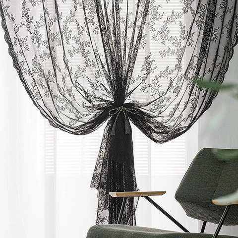 French Vintage Black Lace Sheer Curtains Floral Scalloped Edge Window Screen Panels For Living Room Bedroom Home Decor