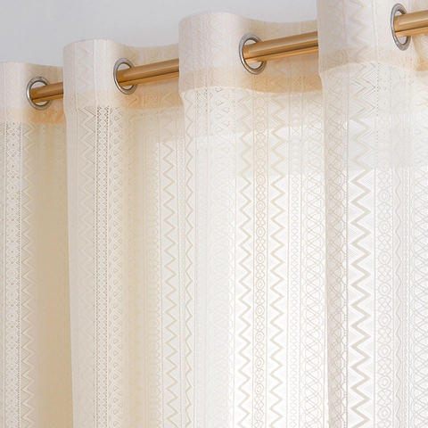 Bohemian Geometric Wavy Lace Sheer Curtains With Tassel Trim Grommet Top Translucent Window Drapes For Home Decor