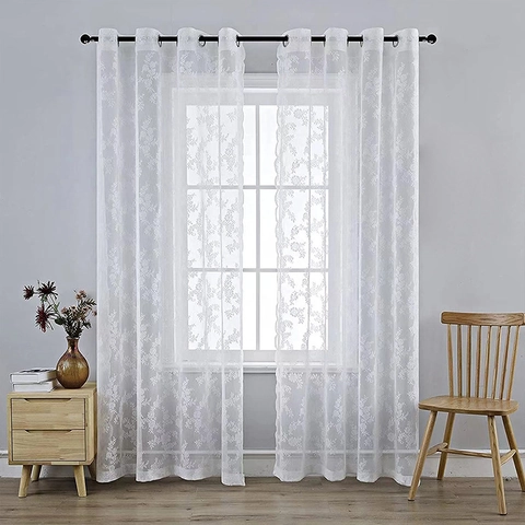 Floral Lace Sheer Curtains Grommet Top Polyester Wave Edge Semi Transparent Window Drapes Living Room Bedroom