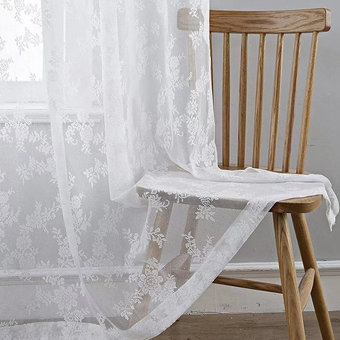Floral Lace Sheer Curtains Grommet Top Polyester Wave Edge Semi Transparent Window Drapes Living Room Bedroom