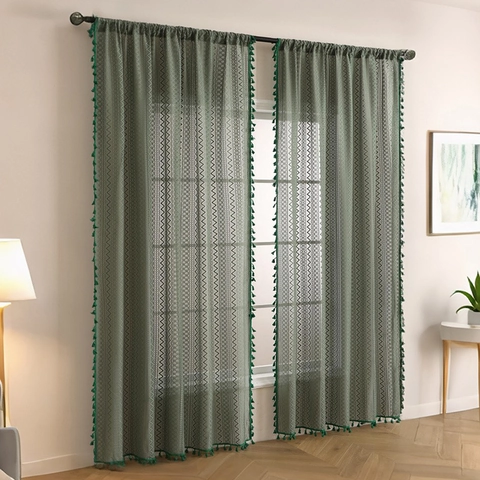 American Pastoral Lace Sheer Curtains Bohemian Hollow Out Crochet Window Panel Tassel Edged Polyester Screen For Living Room