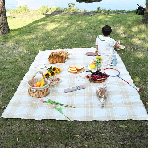 Bohemian Etnisch Waterdichte Picknickmat Draagbaar Opvouwbaar Buiten Camping Strandmat Geruit Ontwerp Met Kwastjes Vochtbestendige Grondmat