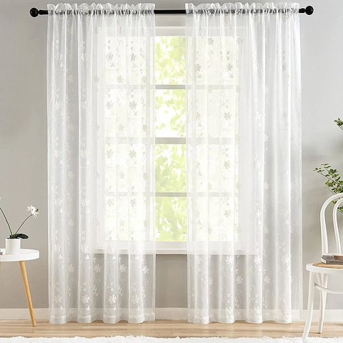 Cortina de Gasa Pastoral Blanca con Bordado Floral Estilo Seda de Leche Bolsillo para Varilla Panel de Voile para Sala Dormitorio Balcón