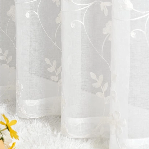 Cortina de Gasa Pastoral Blanca con Bordado Floral Estilo Seda de Leche Bolsillo para Varilla Panel de Voile para Sala Dormitorio Balcón