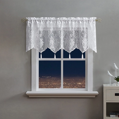 White Floral Lace Window Valance Tassel French Romantic Style Short Curtain For Bedroom Living Room Kitchen Partition