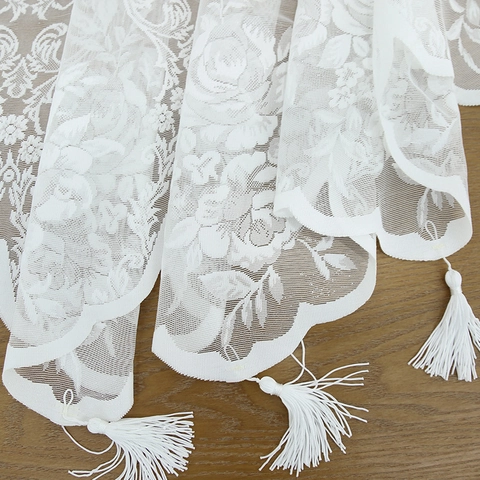 White Floral Lace Window Valance Tassel French Romantic Style Short Curtain For Bedroom Living Room Kitchen Partition