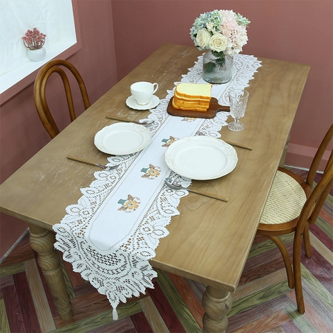 Vintage Lace Table Runner Floral Embroidery Hollow Out With Tassels American Retro Dining Table Decor