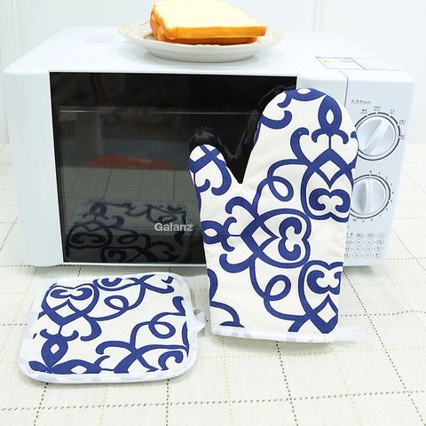 Guanto Da Forno E Presina Cotone Lino Resistente Al Calore Nordico Stampa Floreale Blu Bianco Cucina Cottura Accessori