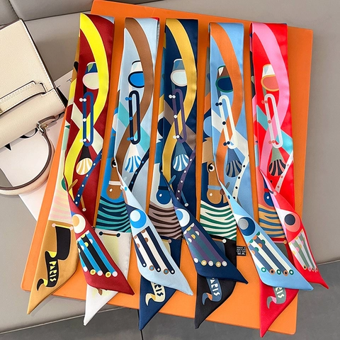 Narrow Twilly Scarf Geometric Print Satin Like Polyester For Handbag Handle Hair Tie French Elegant Neck Scarf For Women