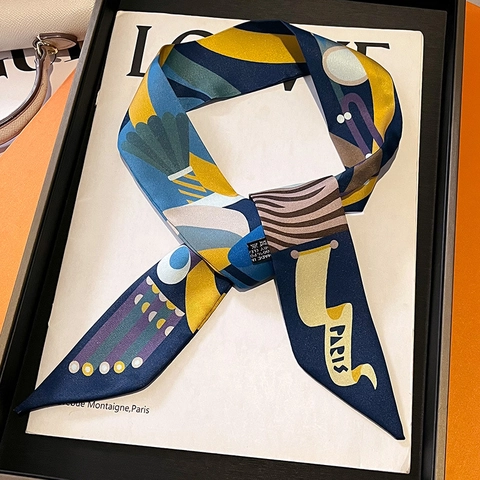 Narrow Twilly Scarf Geometric Print Satin Like Polyester For Handbag Handle Hair Tie French Elegant Neck Scarf For Women