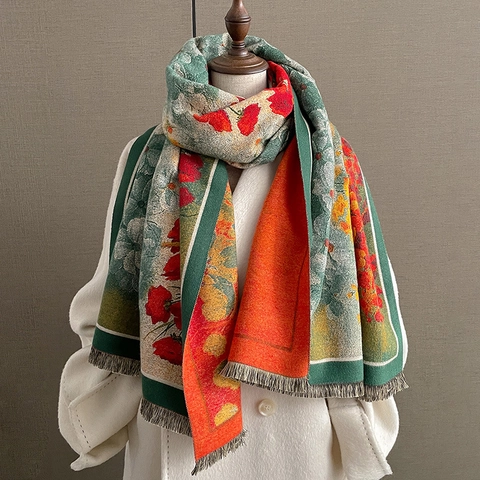 Sciarpa in Imitazione Cashmere con Foglie di Ginkgo Vintage da Donna Invernale Spessa Calda Scialle Artistico Floreale con Nappine