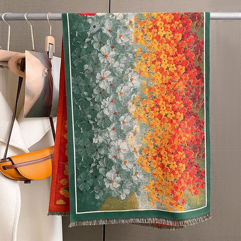Sciarpa in Imitazione Cashmere con Foglie di Ginkgo Vintage da Donna Invernale Spessa Calda Scialle Artistico Floreale con Nappine
