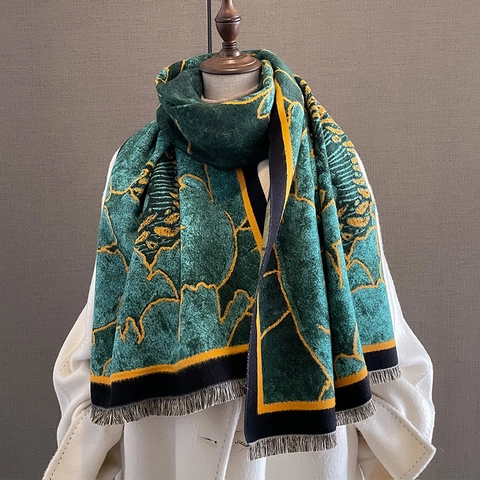 Sciarpa Scialle Invernale Da Donna Spessa Calda Imitazione Cashmere Double-Face Retro Stampa Floreale Frange