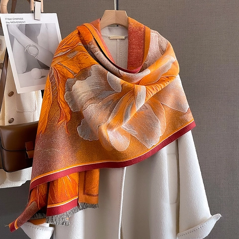 Women Imitation Cashmere Scarf Shawl Floral Print Thickened Winter Warm Wrap With Tassels Elegant Double Sided