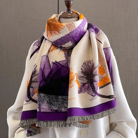 Sciarpa In Finto Cashmere Da Donna Invernale Calda Spessa Scialle Stampa Floreale Astratta Nappe Doppio Lato Elegante