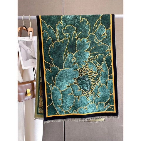 Sciarpa Scialle Invernale Da Donna Spessa Calda Imitazione Cashmere Double-Face Retro Stampa Floreale Frange