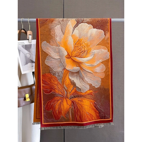 Women Imitation Cashmere Scarf Shawl Floral Print Thickened Winter Warm Wrap With Tassels Elegant Double Sided