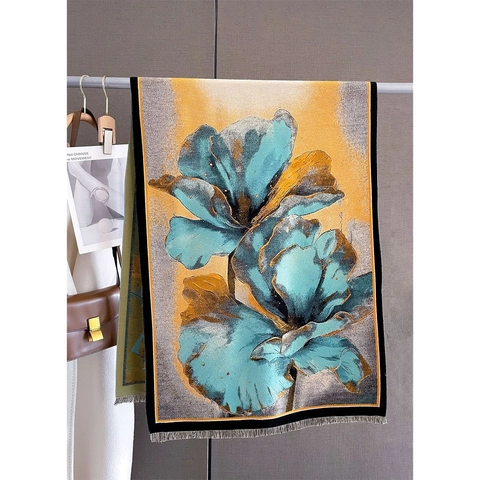 Winter Scarf Shawl For Women Thickened Warm Cashmere Like Acrylic Abstract Floral Print Double Sided Fringe Artistic