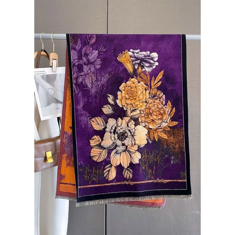Vintage Floral Print Winter Scarf Reversible Thickened Imitation Cashmere Shawl Wrap With Tassel Fringe Warm Windproof