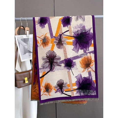 Sciarpa In Finto Cashmere Da Donna Invernale Calda Spessa Scialle Stampa Floreale Astratta Nappe Doppio Lato Elegante