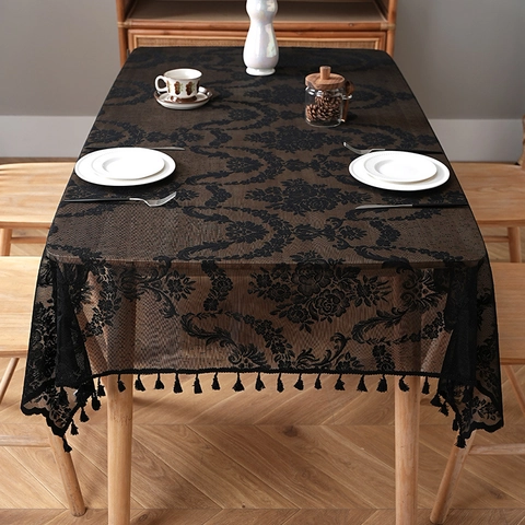 Nappe En Dentelle Romantique Française Rectangulaire Florale Ajourée Maille Avec Franges Vintage Décor De Table Élégant