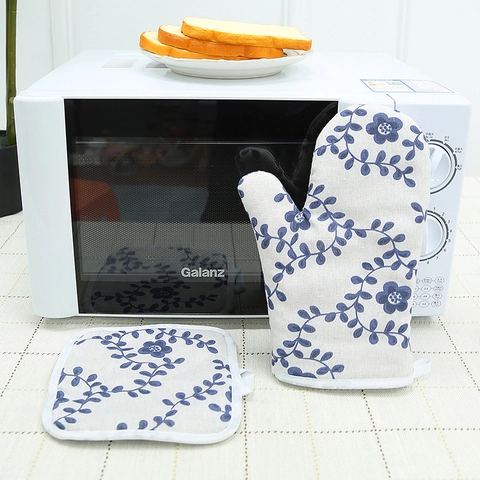 Guanto Da Forno Resistente Al Calore E Presina In Cotone Lino Spesso Strumento Da Cucina Stile Scandinavo Floreale
