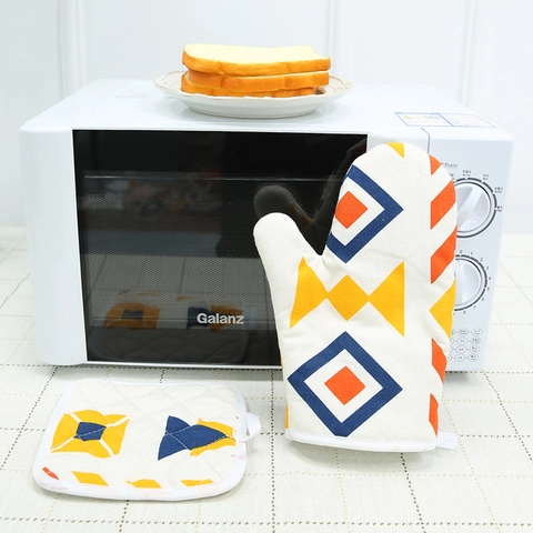 Guanto Da Forno E Presina In Cotone E Lino Spesso Boemo Nordico Stampa Geometrica Resistente Al Calore Cucina