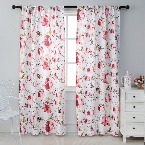 Rose Floral Print Blackout Curtains Polyester Nordic Style Bedroom Living Room Rod Pocket Window Drapes