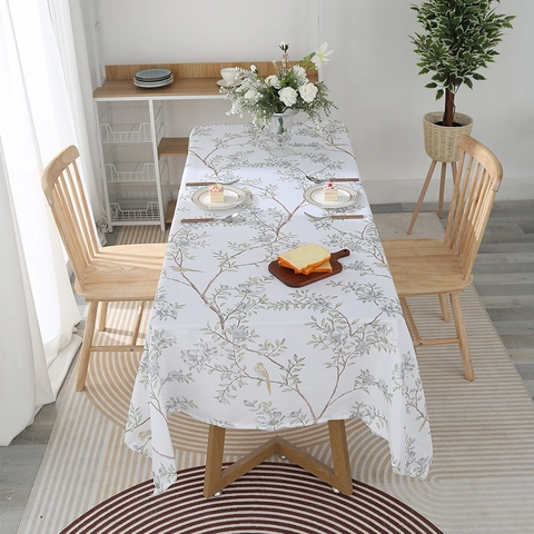 Nordic Minimalist Rectangular Tablecloth Polyester Fabric Modern Bird Plant Flower Print Decorative Dustproof Home Kitchen