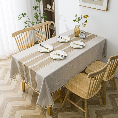 Nordic Striped Rectangle Tablecloth With Tassel Fringe Polyester Cotton Linen Look Washable Dustproof Kitchen Decor
