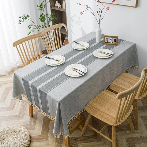Nordic Striped Rectangle Tablecloth With Tassel Fringe Polyester Cotton Linen Look Washable Dustproof Kitchen Decor