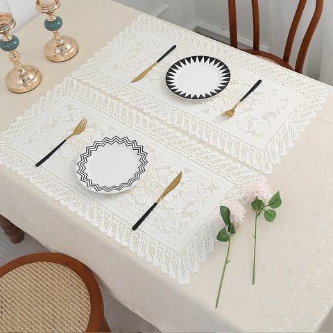 Modern Minimalist White Lace Floral Placemats Hollow Out Polyester Table Mats For Home Wedding Party Decor Tableware Accessories