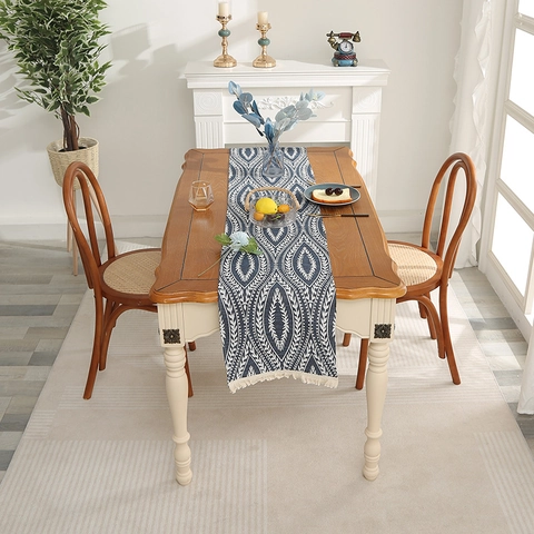 Runner Da Tavola Moderno Chenille Jacquard Motivo Geometrico Design Foglia Con Nappine Resistente Al Calore Arredamento Nordico