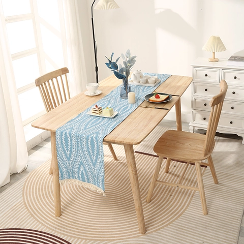 Geometric Jacquard Table Runner With Tassels Polyester Fabric Leaf Pattern Modern Dining Room Home Decor