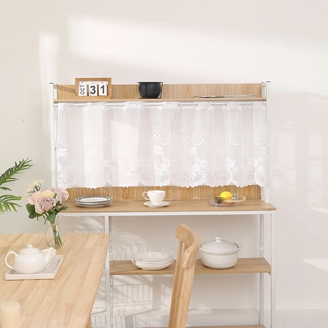 Cortina de Café de Encaje Blanco Botánico Floral Borde Ondulado Cortina de Puerta Corta Decorativa para Gabinete