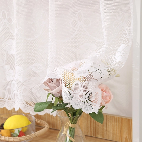 Cortina de Café de Encaje Blanco Botánico Floral Borde Ondulado Cortina de Puerta Corta Decorativa para Gabinete
