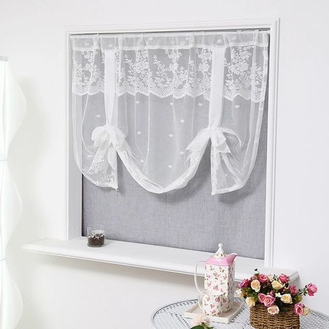 White Lace Curtain Floral Embroidery Tie-up Balloon Shade Sheer Voile Half Window Valance French Country Style