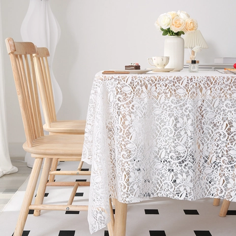 Elegante Mantel de Encaje Blanco Rectangular Vintage Diseño Floral Calado Cubierta de Mesa de Poliéster Para Comedor Cocina Hogar Decoración