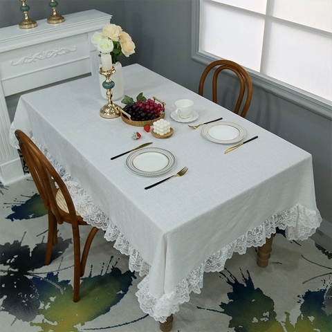 Mantel de Poliéster Minimalista Nórdico Con Elegante Borde de Encaje Textura de Lino Color Sólido Cubierta de Mesa Antipolvo para Mesa de Comedor Mesa de Centro Decoración del Hogar