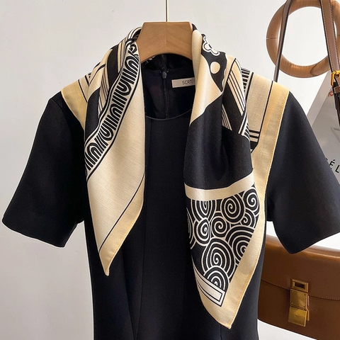 Retro Floral Geometric Print Square Scarf Satin Feel Polyester Bandana For Women Elegant Neck Scarf Head Wrap