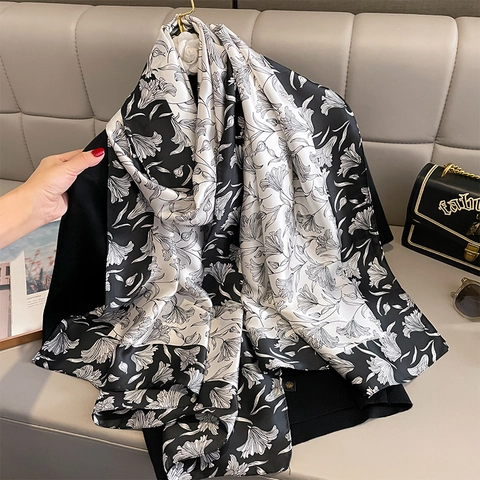 Sciarpa Donna Stampa Floreale Finta Raso Elegante Sottile Lunga Scialle Contrasto Giglio