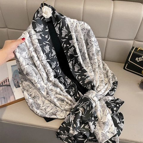 Sciarpa Donna Stampa Floreale Finta Raso Elegante Sottile Lunga Scialle Contrasto Giglio