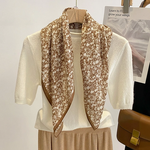Elegant Floral Square Scarf Satin Feeling Polyester Neck Kerchief Vintage Fashion Head Wrap For Women