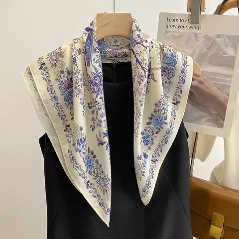 Vierkante Damessjaal Katoen Linnen Mix Vintage Bloemen Vogel Print Elegante Decoratieve Neerdoek Veelzijdige Modieuze Sjaal