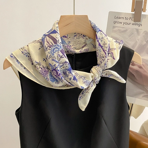 Vierkante Damessjaal Katoen Linnen Mix Vintage Bloemen Vogel Print Elegante Decoratieve Neerdoek Veelzijdige Modieuze Sjaal