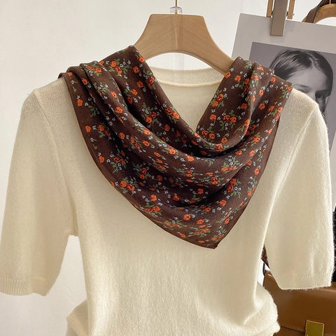 Vintage Floral Print Square Scarf Elegant Polyester Neckerchief For Women French Style Professional Neck Decor