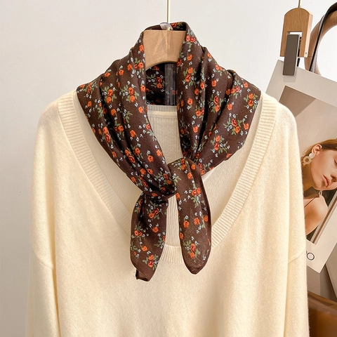 Vintage Floral Print Square Scarf Elegant Polyester Neckerchief For Women French Style Professional Neck Decor