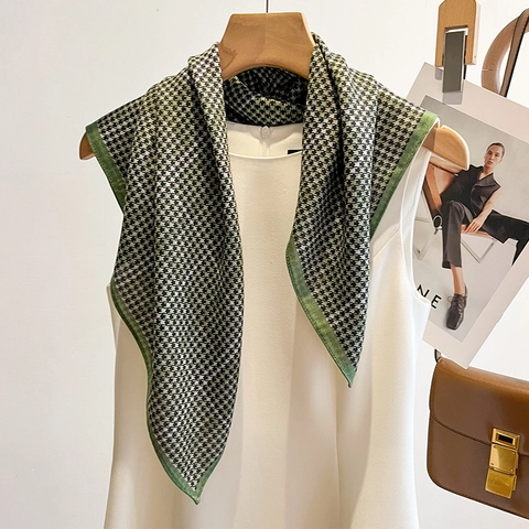 Houndstooth Square Scarf Green Black Polyester Neckerchief Fashion Commuter Elegant Accessories For Women