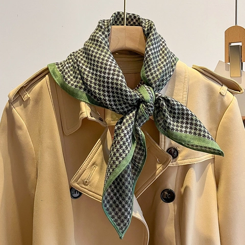 Houndstooth Square Scarf Green Black Polyester Neckerchief Fashion Commuter Elegant Accessories For Women